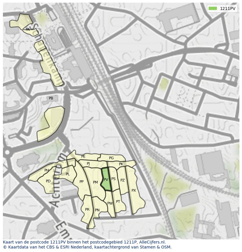 Afbeelding van het postcodegebied 1211 PV op de kaart.