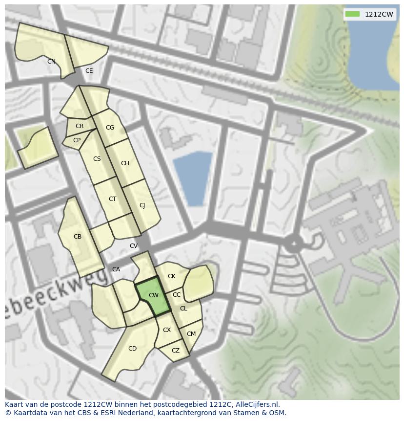 Afbeelding van het postcodegebied 1212 CW op de kaart.