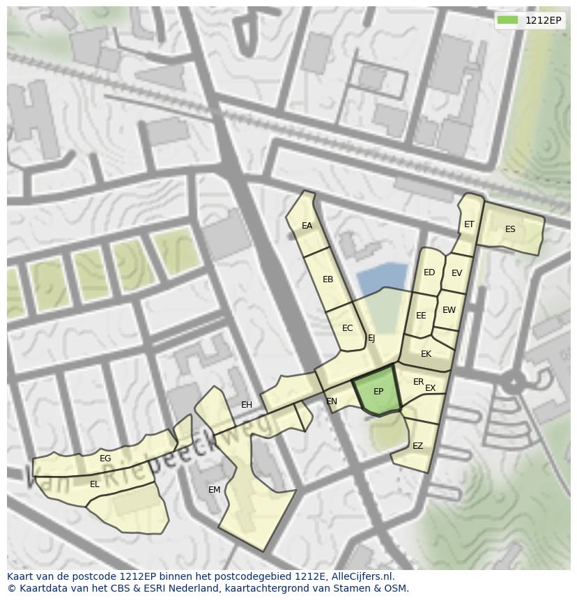 Afbeelding van het postcodegebied 1212 EP op de kaart.