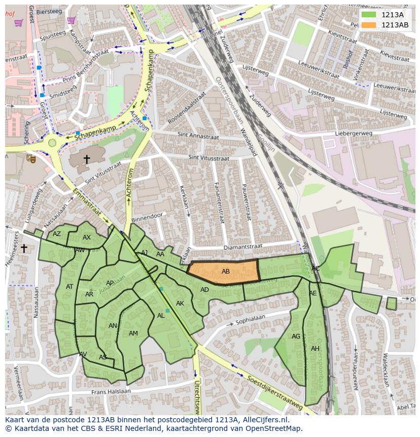Afbeelding van het postcodegebied 1213 AB op de kaart.