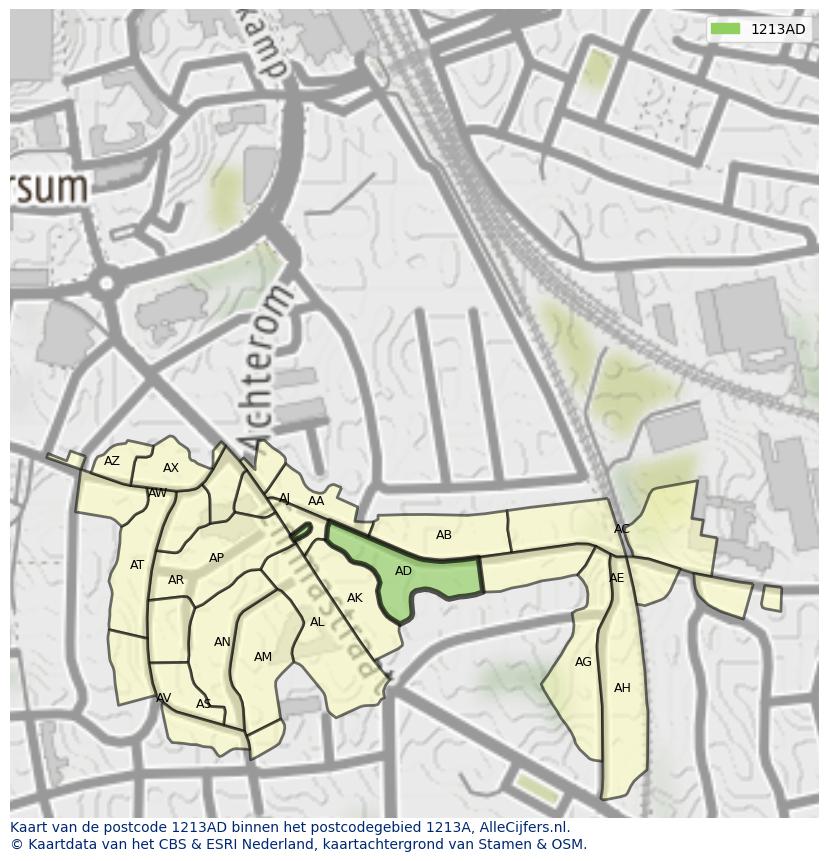 Afbeelding van het postcodegebied 1213 AD op de kaart.