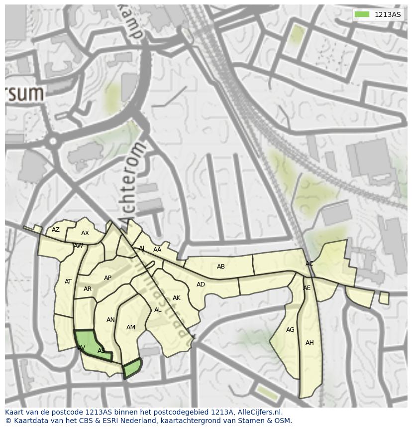 Afbeelding van het postcodegebied 1213 AS op de kaart.
