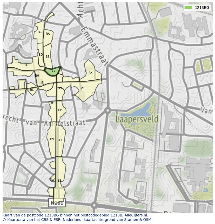 Afbeelding van het postcodegebied 1213 BG op de kaart.
