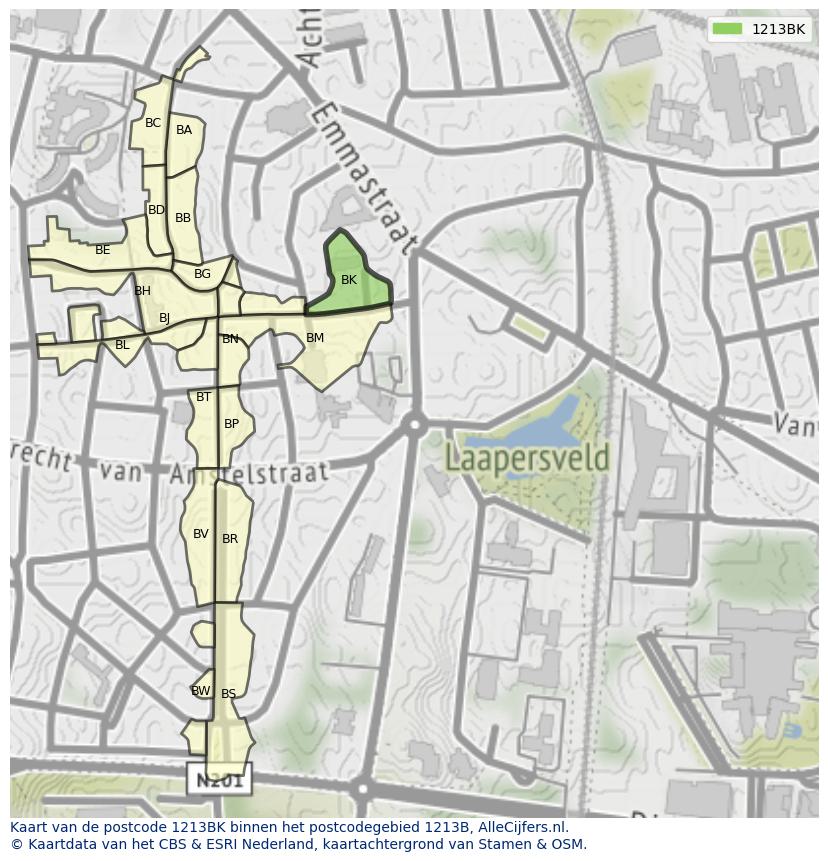 Afbeelding van het postcodegebied 1213 BK op de kaart.