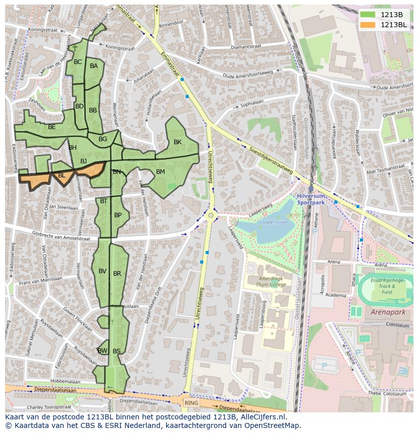Afbeelding van het postcodegebied 1213 BL op de kaart.
