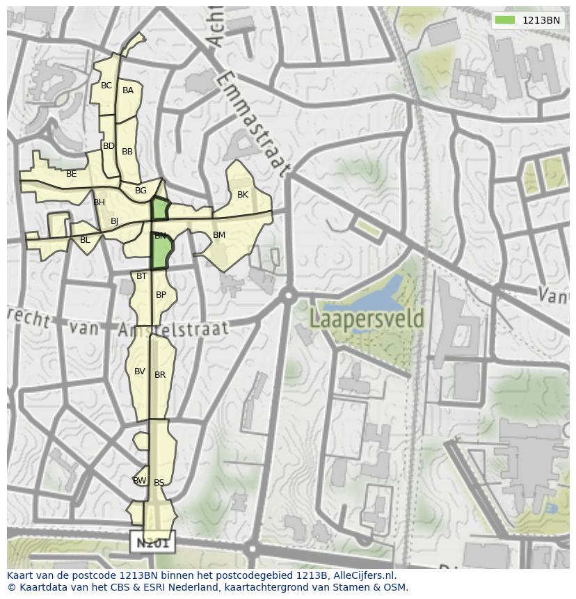 Afbeelding van het postcodegebied 1213 BN op de kaart.