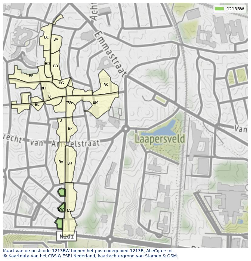 Afbeelding van het postcodegebied 1213 BW op de kaart.