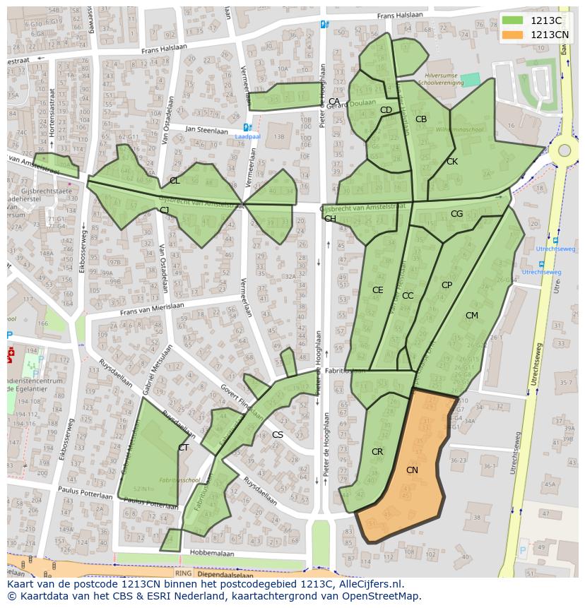 Afbeelding van het postcodegebied 1213 CN op de kaart.
