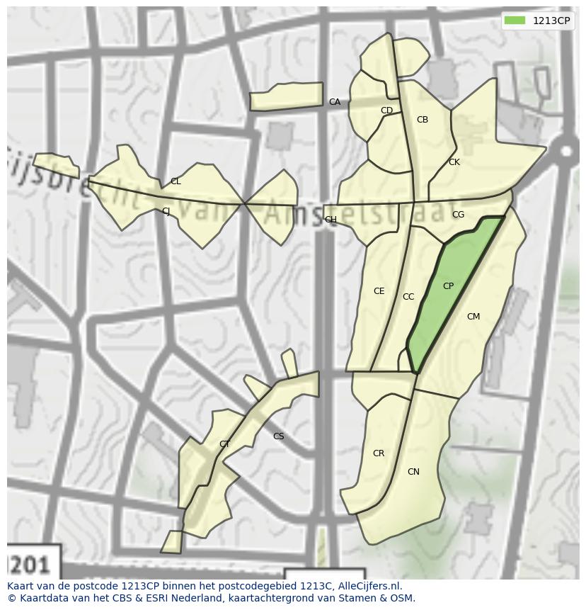 Afbeelding van het postcodegebied 1213 CP op de kaart.