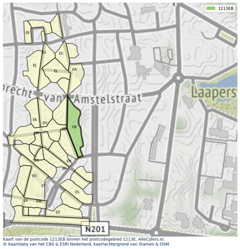 Afbeelding van het postcodegebied 1213 EB op de kaart.