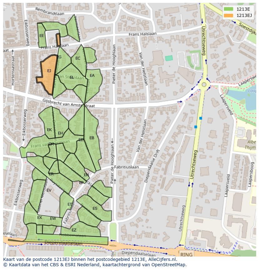 Afbeelding van het postcodegebied 1213 EJ op de kaart.