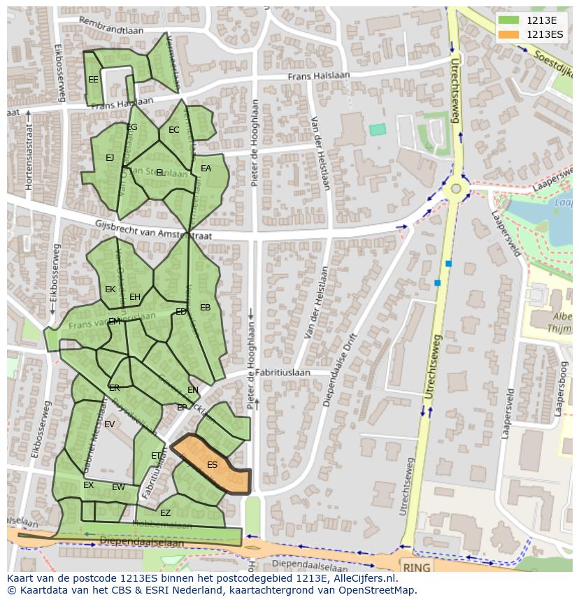Afbeelding van het postcodegebied 1213 ES op de kaart.