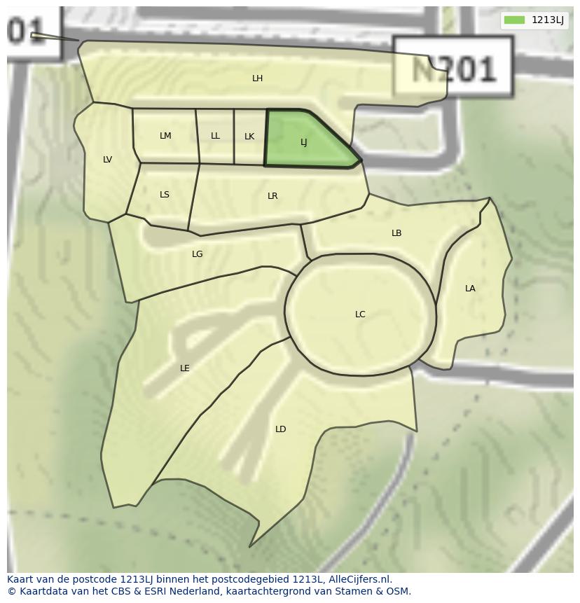 Afbeelding van het postcodegebied 1213 LJ op de kaart.