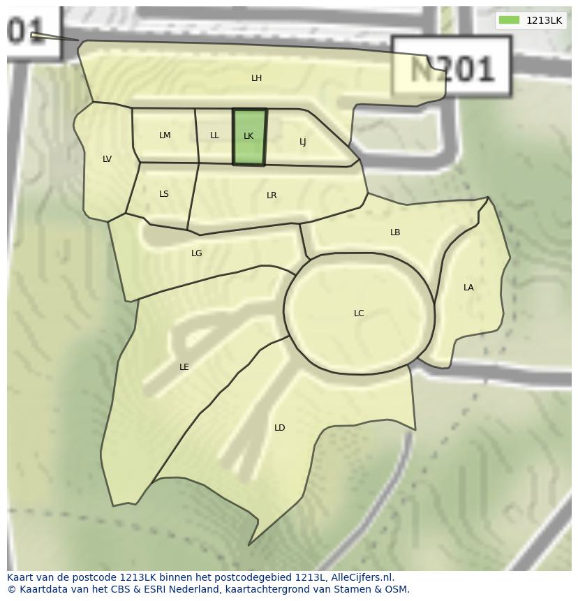 Afbeelding van het postcodegebied 1213 LK op de kaart.