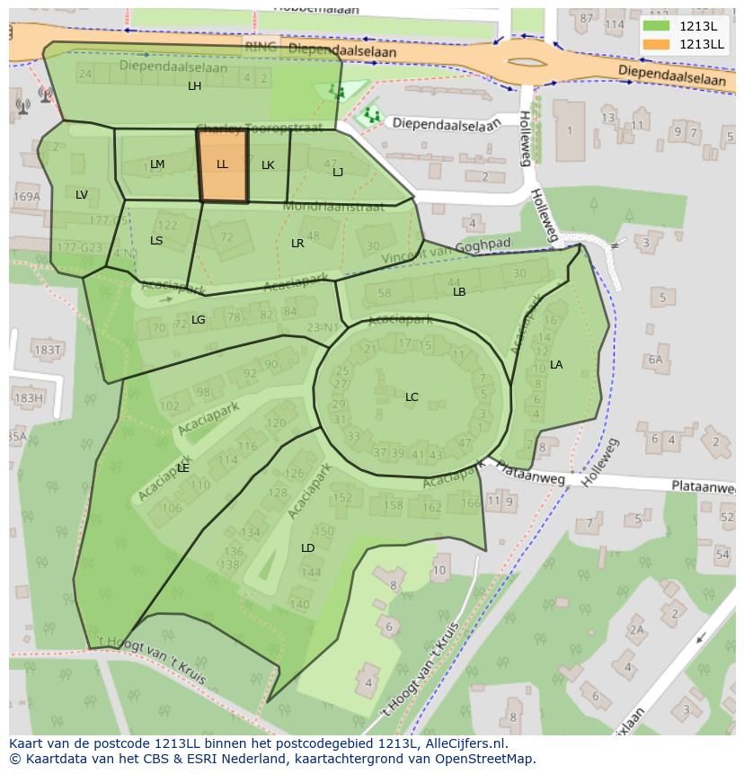 Afbeelding van het postcodegebied 1213 LL op de kaart.