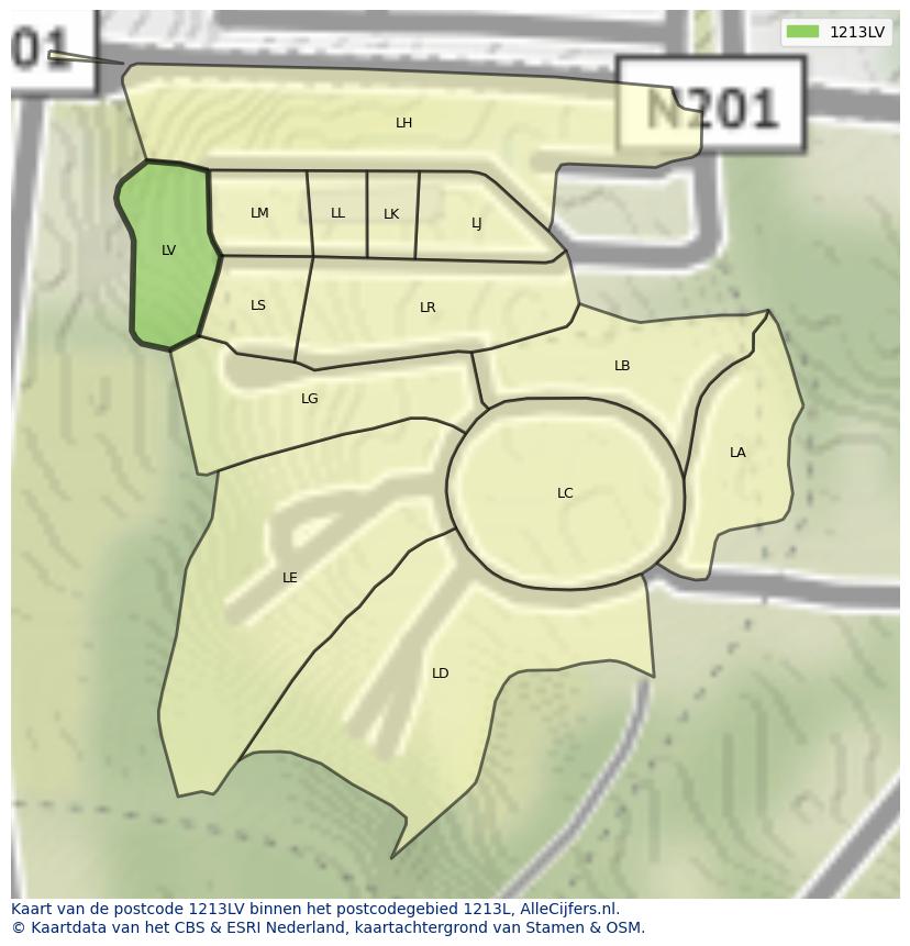 Afbeelding van het postcodegebied 1213 LV op de kaart.