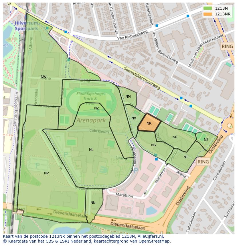 Afbeelding van het postcodegebied 1213 NR op de kaart.