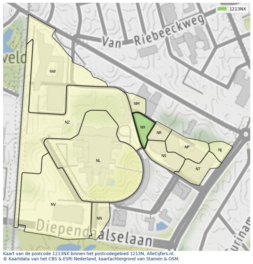 Afbeelding van het postcodegebied 1213 NX op de kaart.