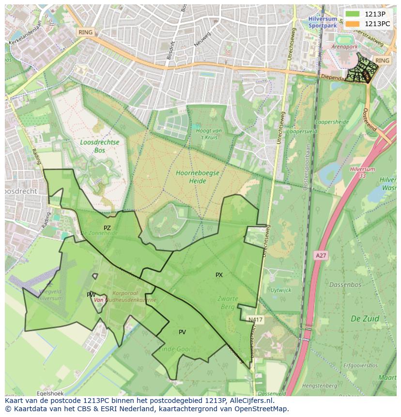 Afbeelding van het postcodegebied 1213 PC op de kaart.