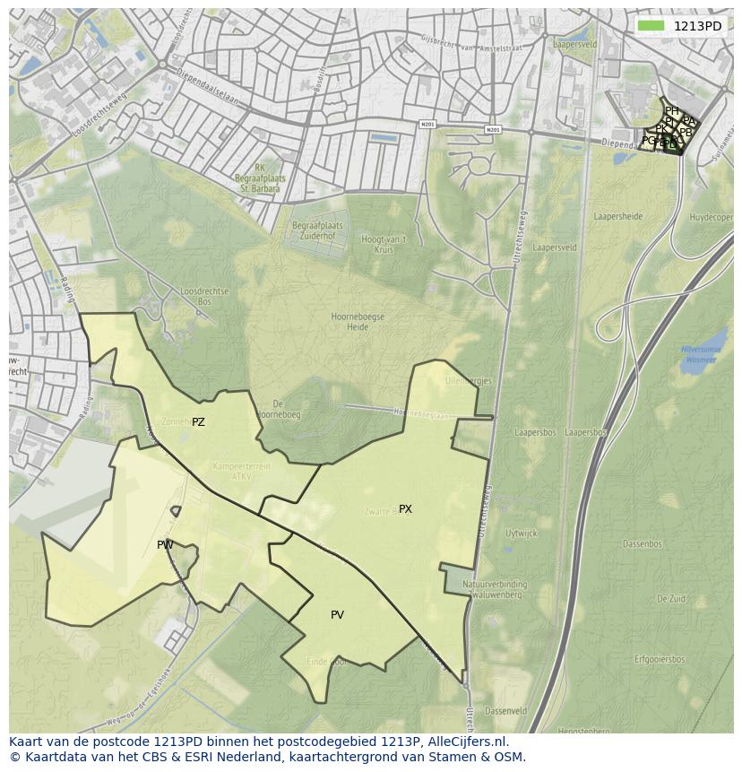 Afbeelding van het postcodegebied 1213 PD op de kaart.