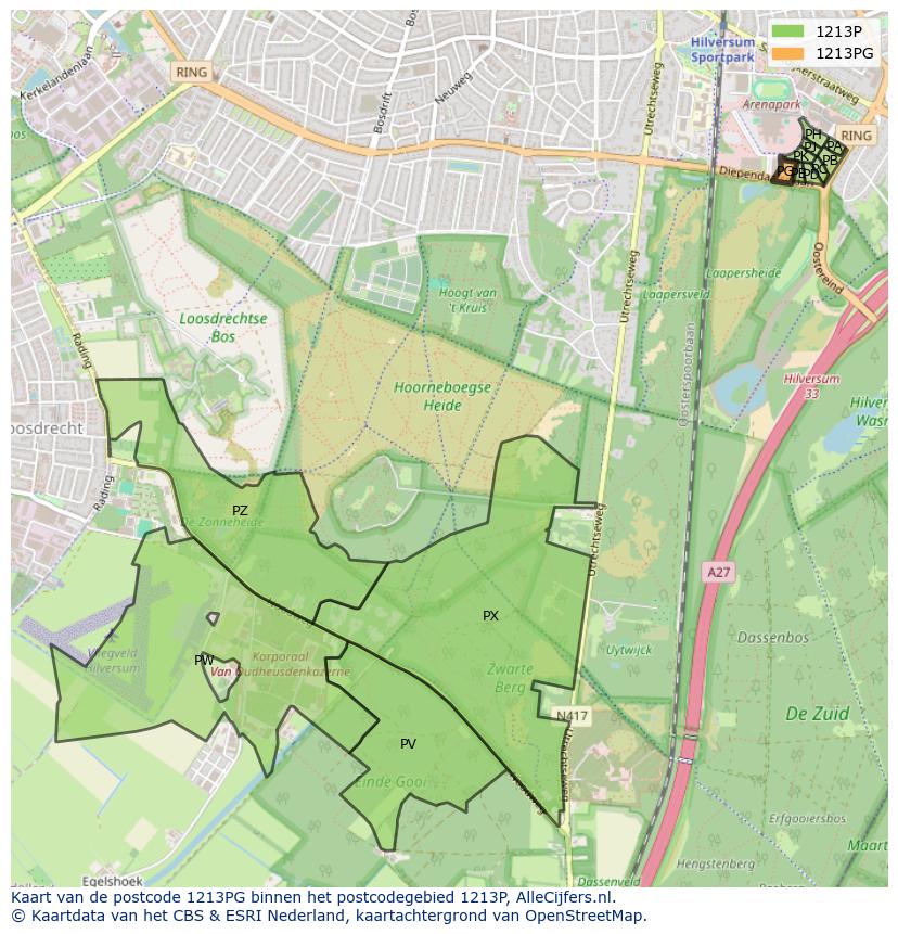 Afbeelding van het postcodegebied 1213 PG op de kaart.