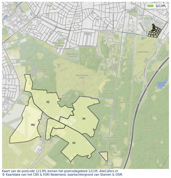 Afbeelding van het postcodegebied 1213 PL op de kaart.