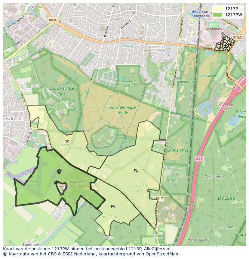 Afbeelding van het postcodegebied 1213 PW op de kaart.