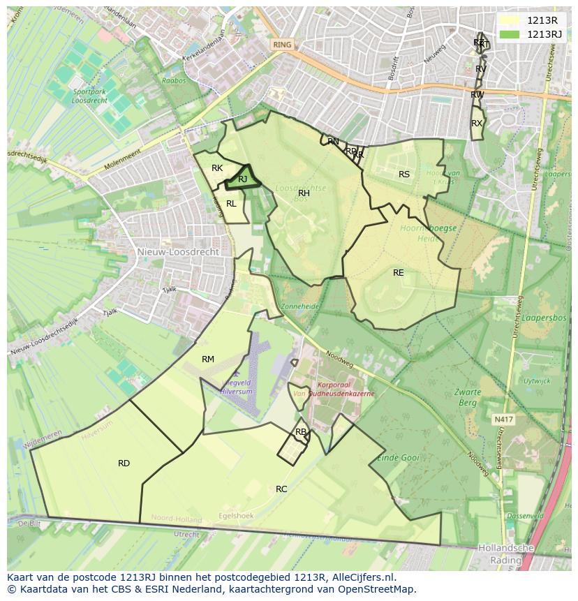 Afbeelding van het postcodegebied 1213 RJ op de kaart.