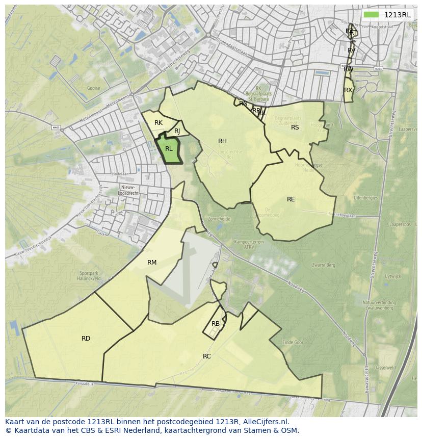 Afbeelding van het postcodegebied 1213 RL op de kaart.