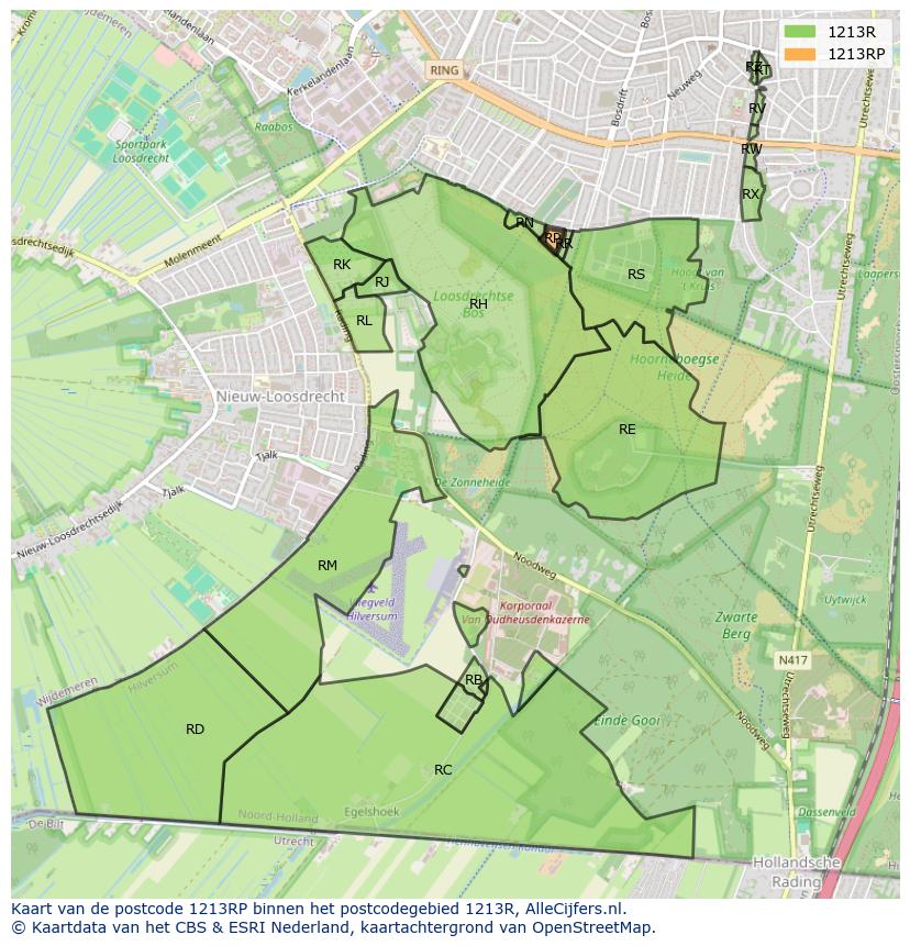 Afbeelding van het postcodegebied 1213 RP op de kaart.