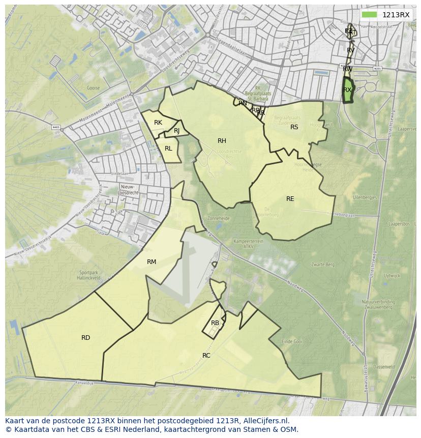 Afbeelding van het postcodegebied 1213 RX op de kaart.