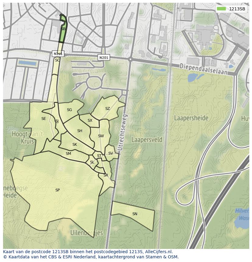 Afbeelding van het postcodegebied 1213 SB op de kaart.