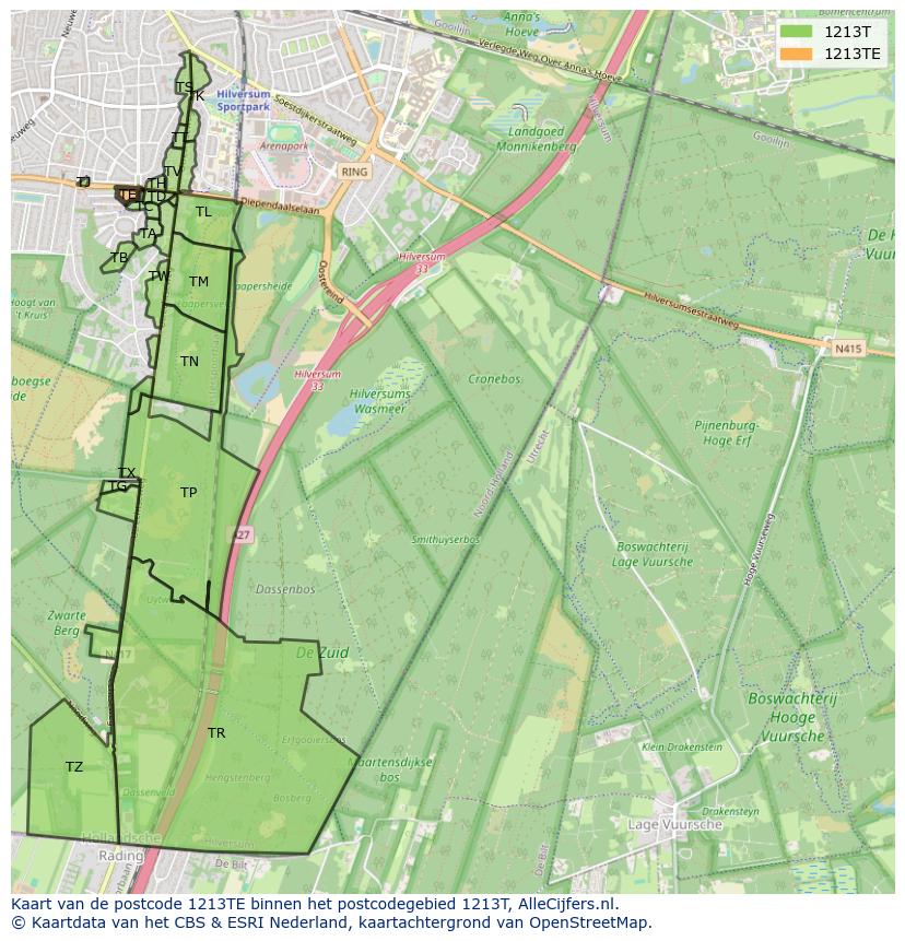 Afbeelding van het postcodegebied 1213 TE op de kaart.