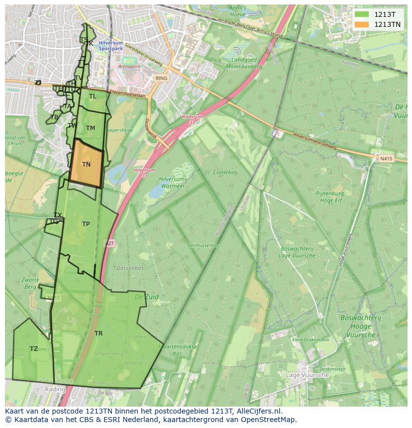 Afbeelding van het postcodegebied 1213 TN op de kaart.