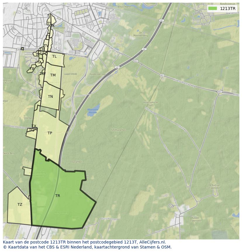 Afbeelding van het postcodegebied 1213 TR op de kaart.