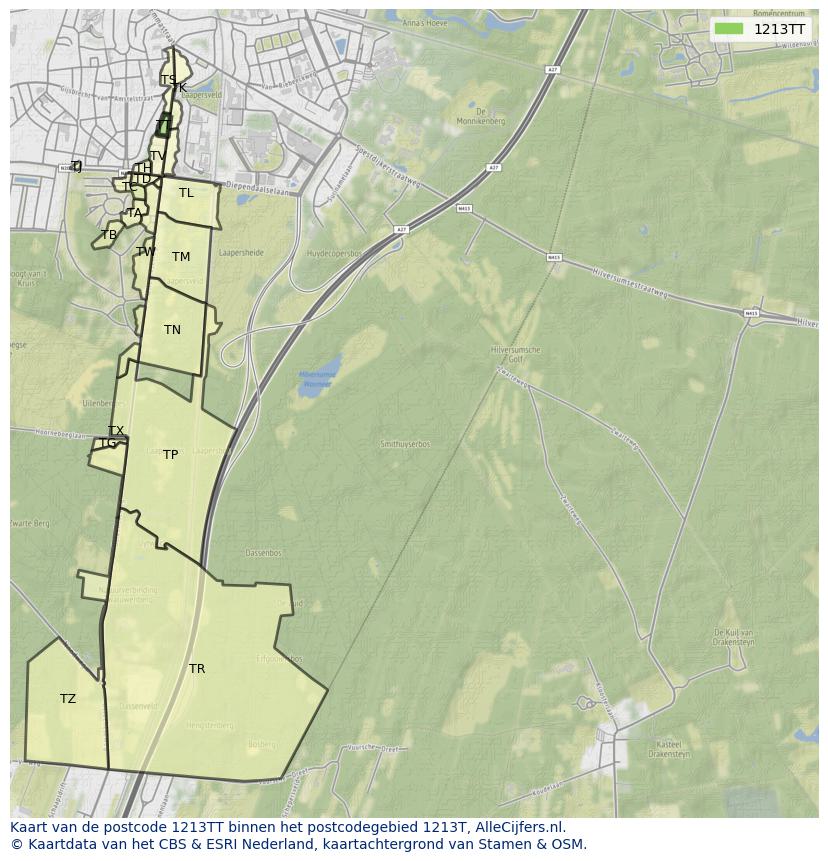 Afbeelding van het postcodegebied 1213 TT op de kaart.