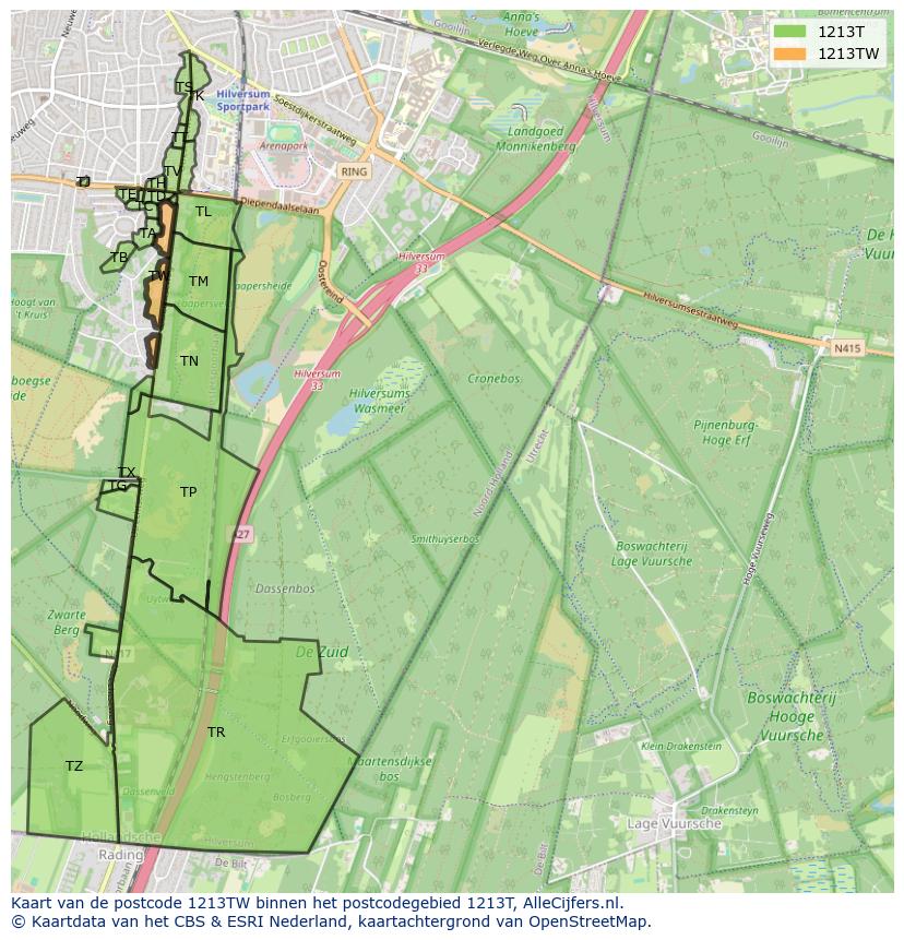 Afbeelding van het postcodegebied 1213 TW op de kaart.