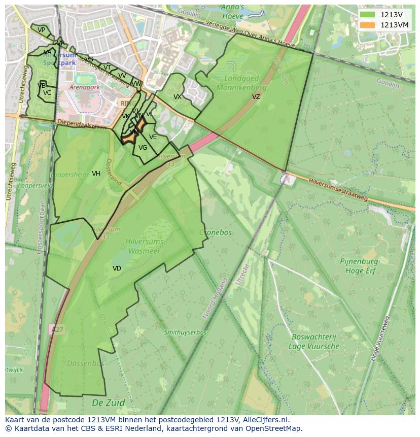 Afbeelding van het postcodegebied 1213 VM op de kaart.