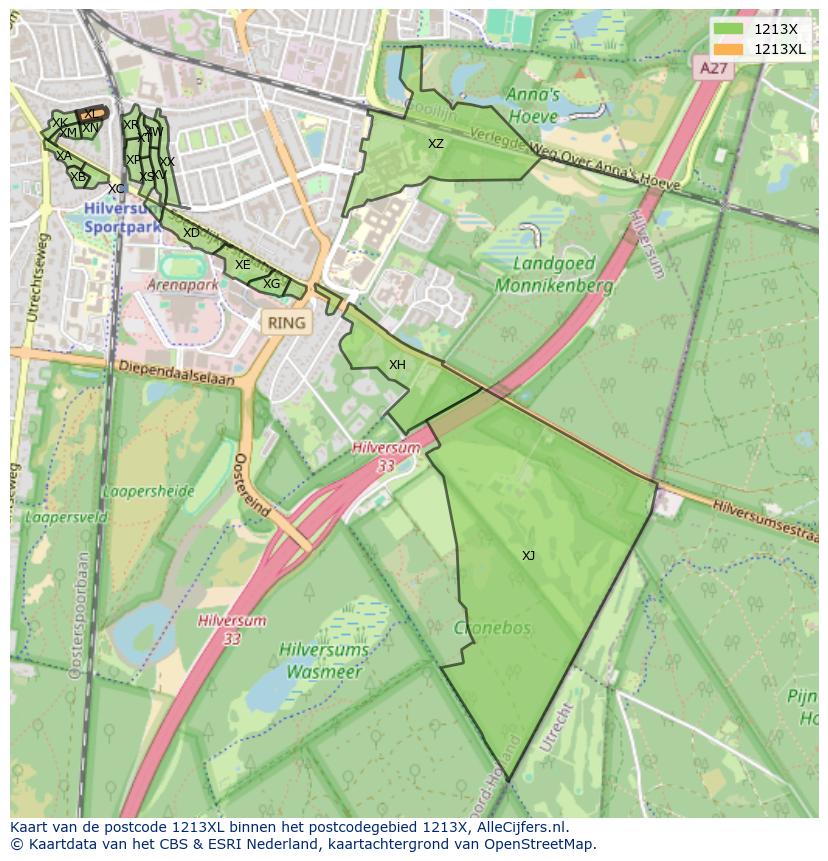 Afbeelding van het postcodegebied 1213 XL op de kaart.
