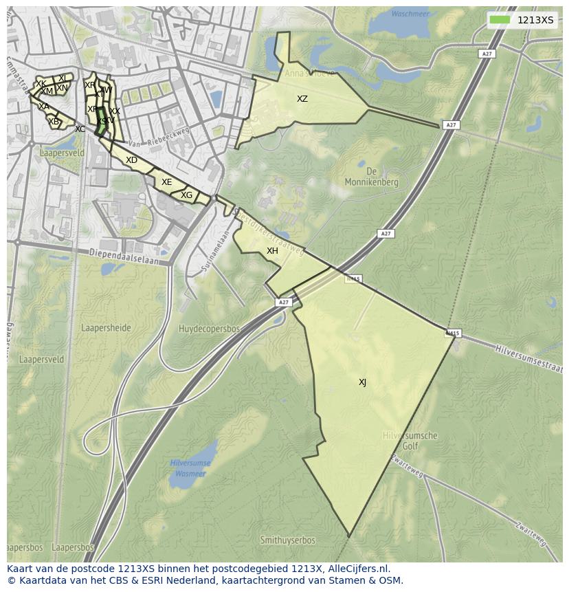 Afbeelding van het postcodegebied 1213 XS op de kaart.
