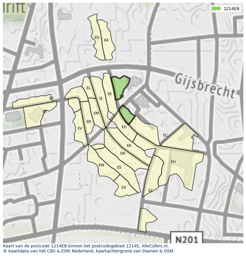 Afbeelding van het postcodegebied 1214 EB op de kaart.