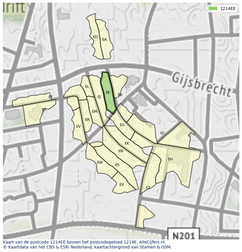 Afbeelding van het postcodegebied 1214 EE op de kaart.