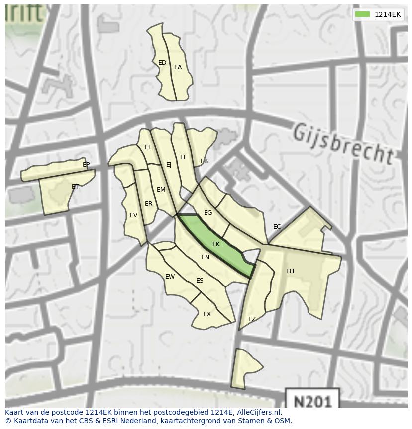Afbeelding van het postcodegebied 1214 EK op de kaart.