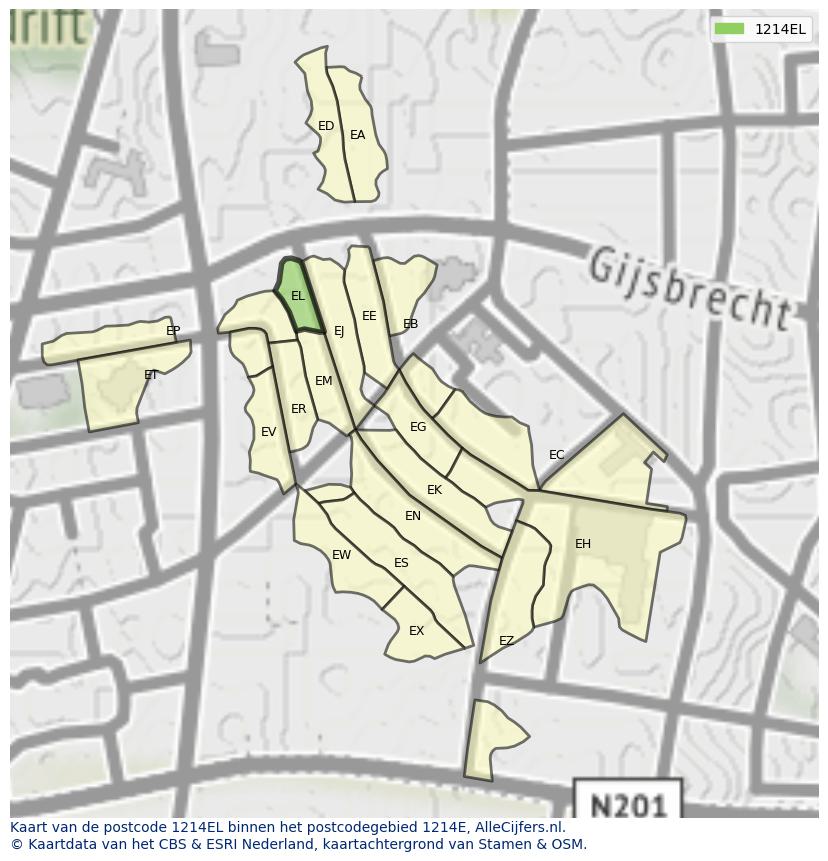 Afbeelding van het postcodegebied 1214 EL op de kaart.