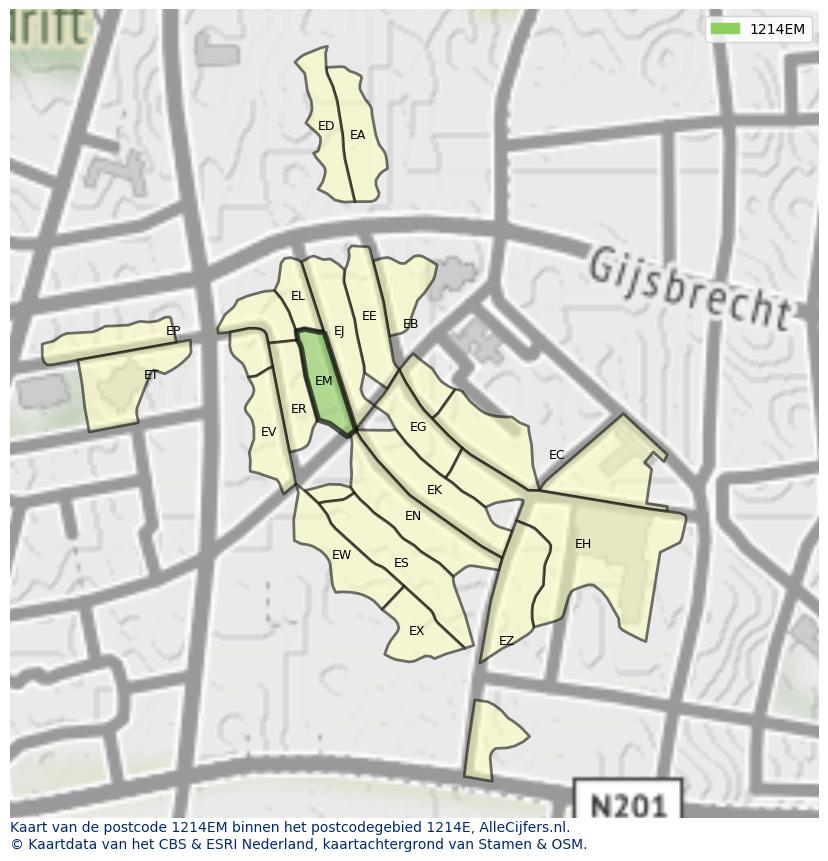 Afbeelding van het postcodegebied 1214 EM op de kaart.