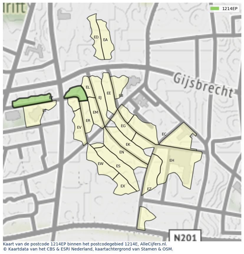 Afbeelding van het postcodegebied 1214 EP op de kaart.