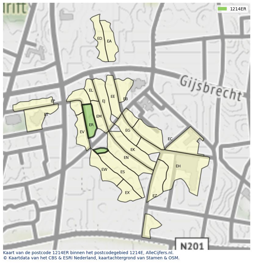 Afbeelding van het postcodegebied 1214 ER op de kaart.