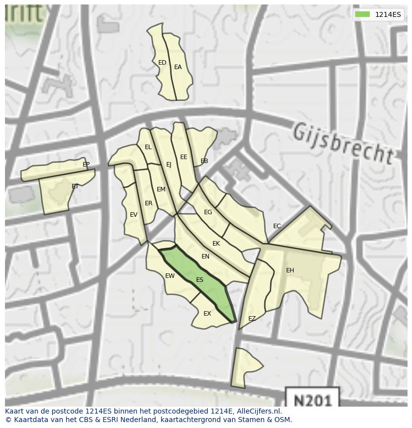 Afbeelding van het postcodegebied 1214 ES op de kaart.