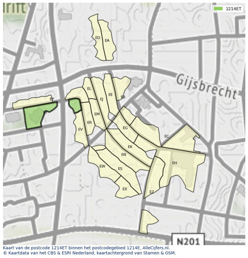 Afbeelding van het postcodegebied 1214 ET op de kaart.