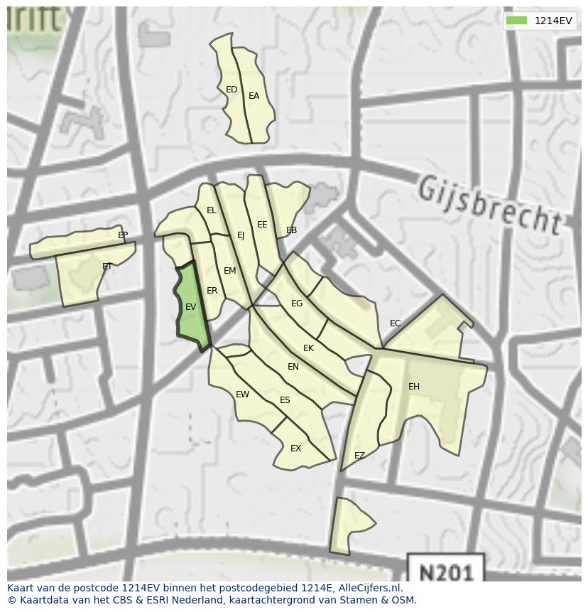 Afbeelding van het postcodegebied 1214 EV op de kaart.